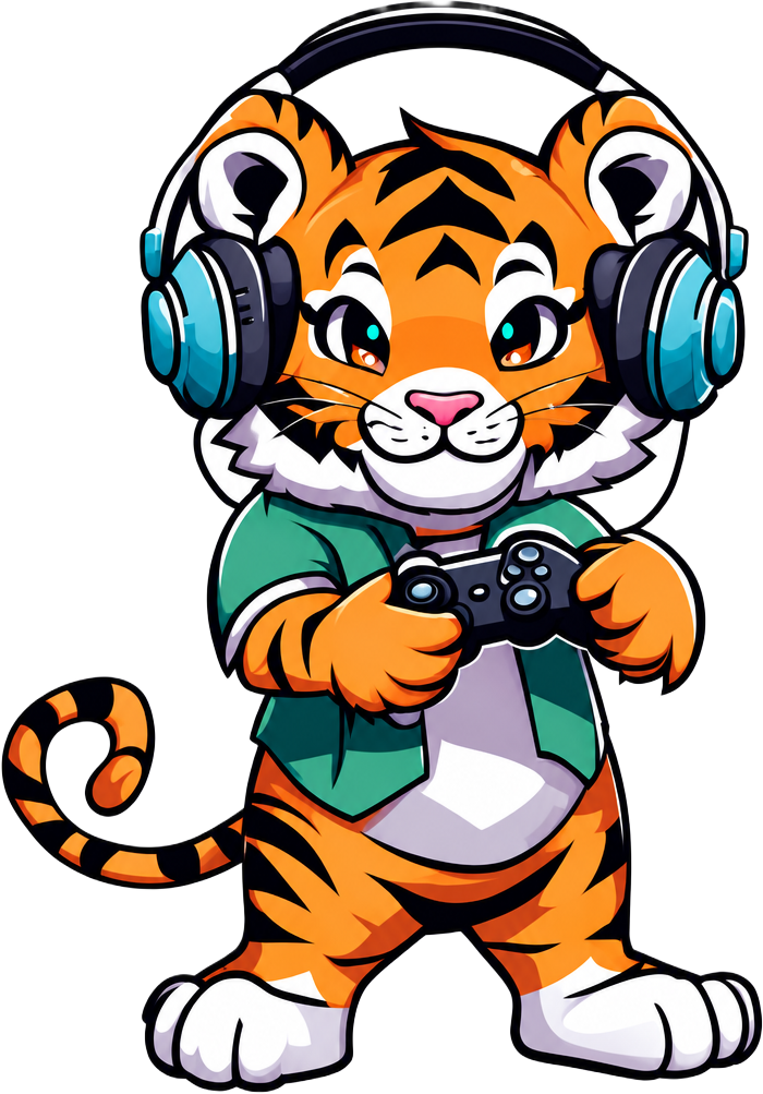 Mascote Tigre Clips: tigre laranja com fones de ouvido e controle